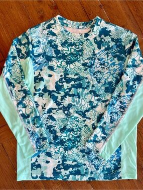Huk Teal and Aqua Print Long Sleeve Swim Top